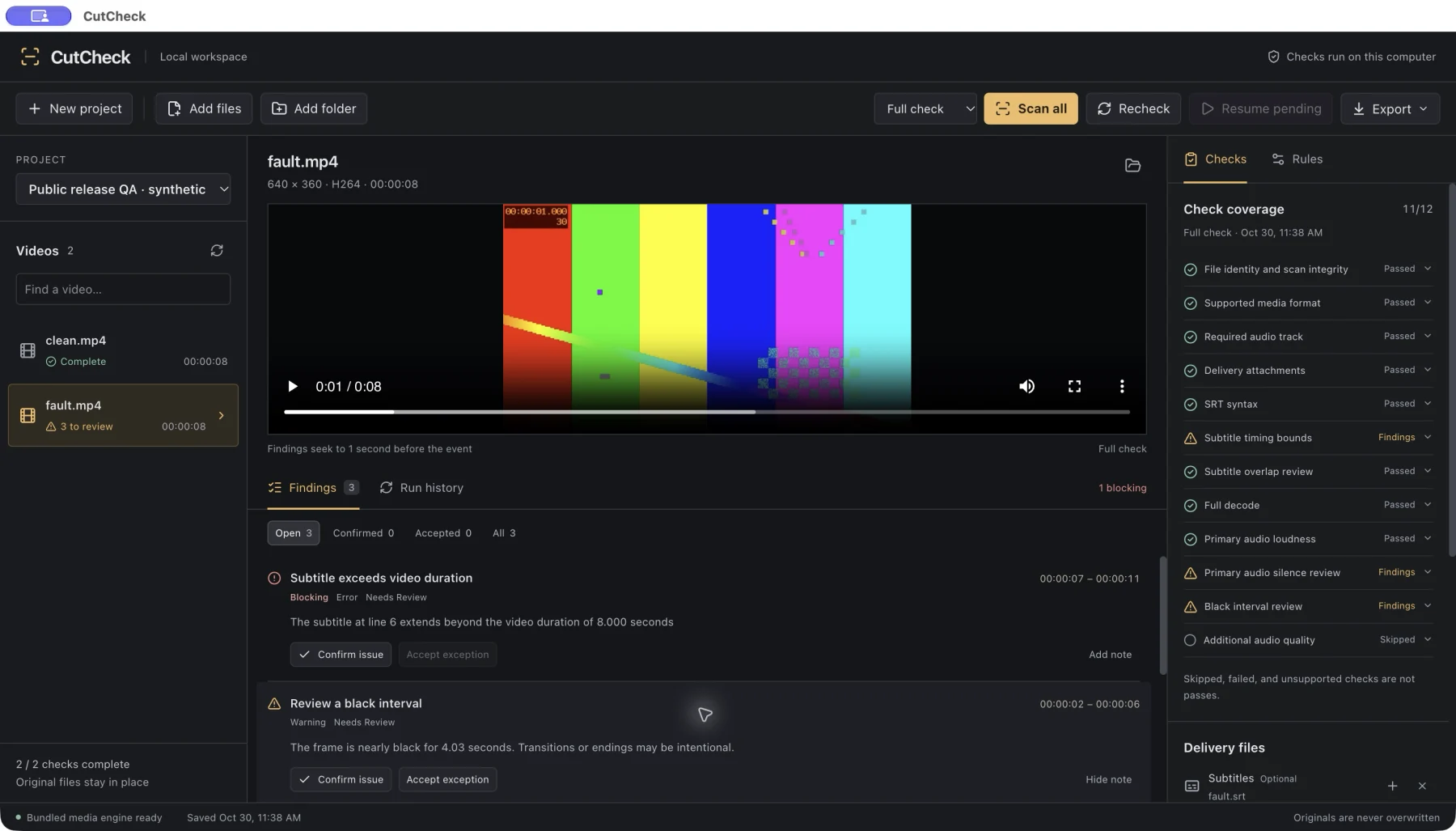 Actual CutCheck app with two imported videos and three findings: black interval, quiet interval and an SRT cue beyond the end.